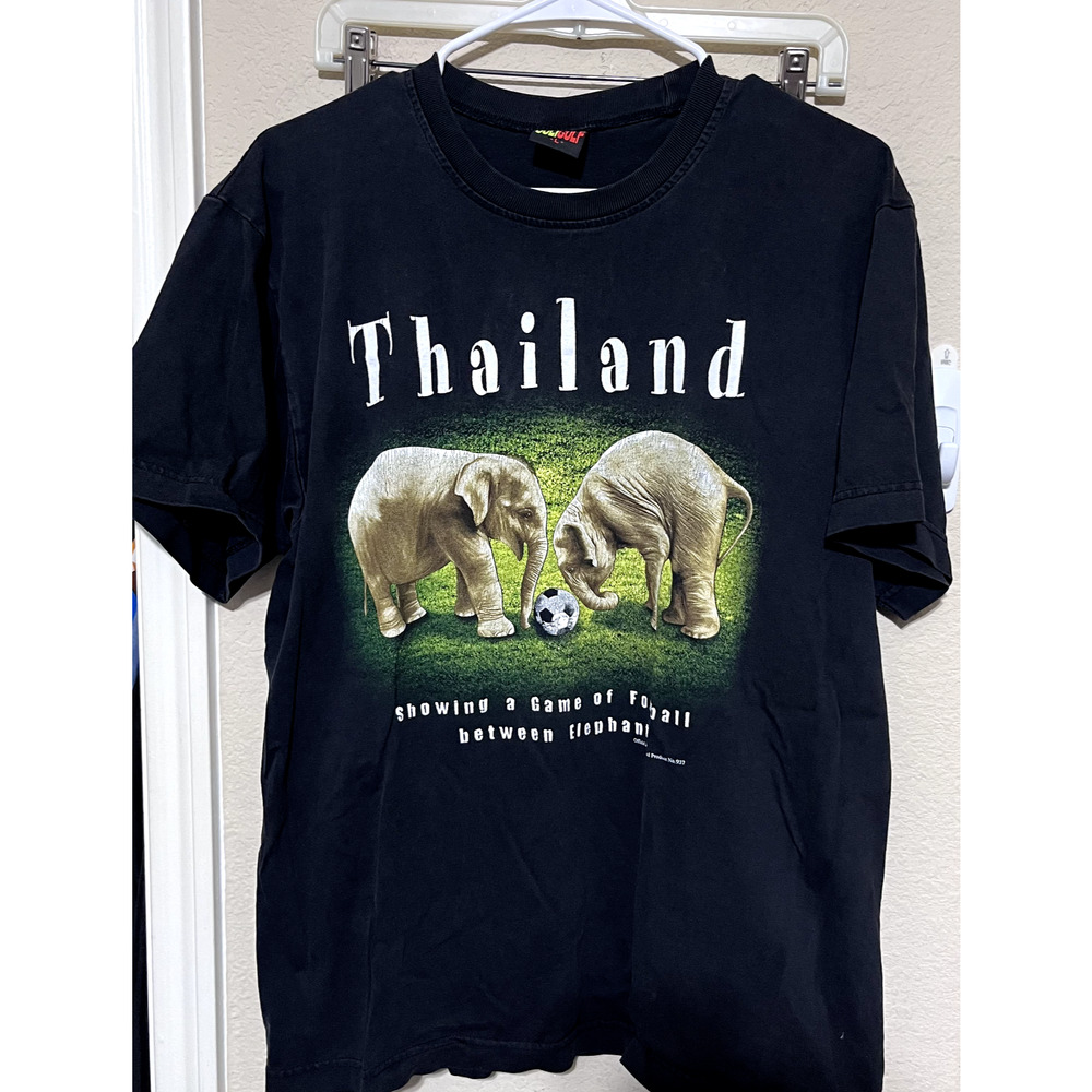 Vintage‎ Y2k JoliGolf Large T Shirt Black Thailand Elephants playing Football